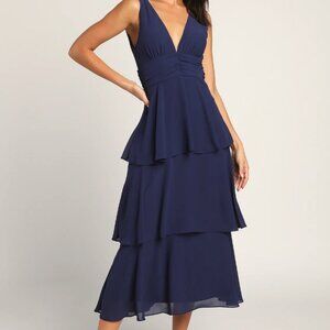 NWT Lulus Women’s Celebration Time Sleeveless Tiered Midi Dress Navy Blue Sz XL